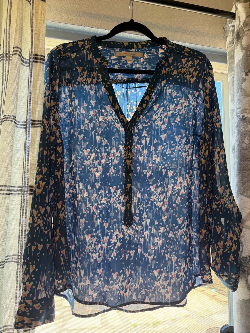 LC Lauren Conrad Navy Heart Patterned V-Front Sheer Blouse
